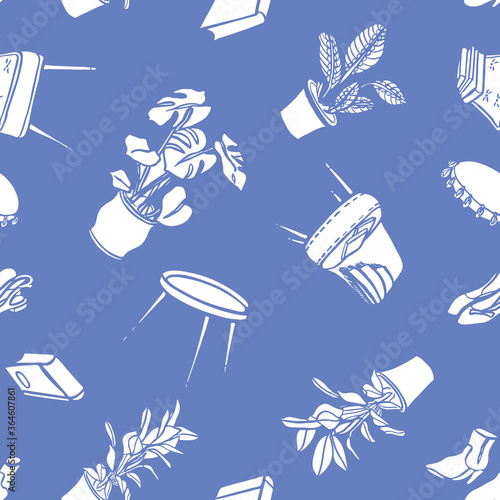 Vector lifestyle vintage hygge seamless pattern. Cute monochrome cut out doodle style design. Greeting card, hand drawn, cozy cartoon style. Modern brush design on blue background isolated vector