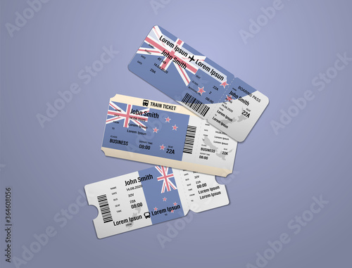 Modern design of New Zealand airline, bus and train travel boarding pass. Three tickets of New Zealand painted in flag color. Vector illustration isolated