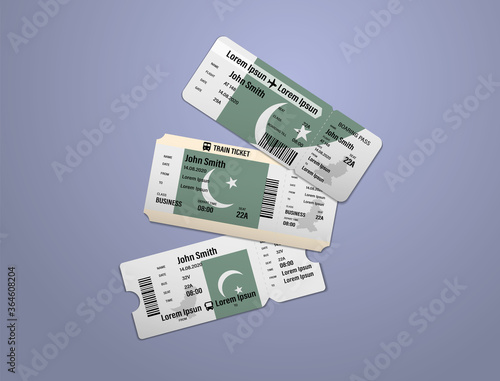 Modern design of Pakistan airline, bus and train travel boarding pass. Three tickets of Pakistan painted in flag color. Vector illustration isolated