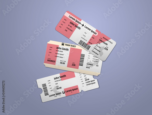 Modern design of Peru airline, bus and train travel boarding pass. Three tickets of Peru painted in flag color. Vector illustration isolated
