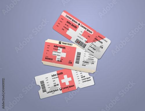 Modern design of Switzerland airline, bus and train travel boarding pass. Three tickets of Switzerland painted in flag color. Vector illustration isolated