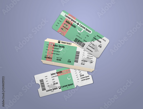 Modern design of Turkmenistan airline, bus and train travel boarding pass. Three tickets of Turkmenistan painted in flag color. Vector illustration isolated