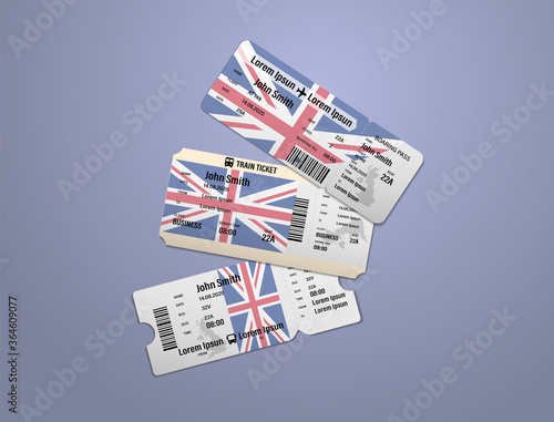 Modern design of UK airline, bus and train travel boarding pass. Three tickets of UK painted in flag color. Vector illustration isolated