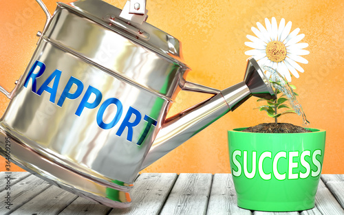 Rapport helps achieving success - pictured as word Rapport on a watering can to symbolize that Rapport makes success grow and it is essential for profit in life and business, 3d illustration photo