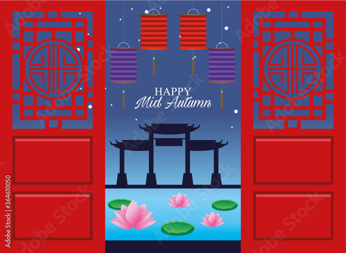 happy mid autumn festival card with lanterns hanging and chinese archs