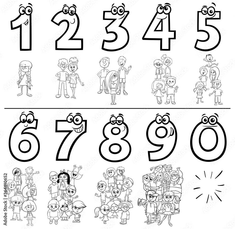 cartoon numbers set coloring book page with kids