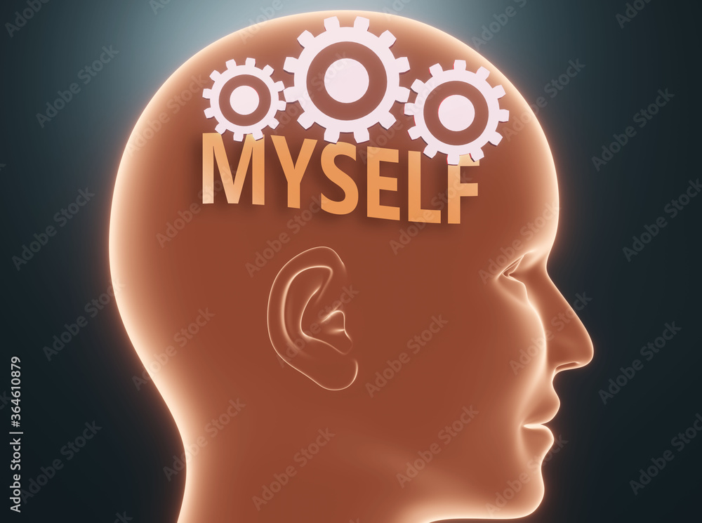 Myself inside human mind - pictured as word Myself inside a head with cogwheels to symbolize that Myself is what people may think about and that it affects their behavior, 3d illustration