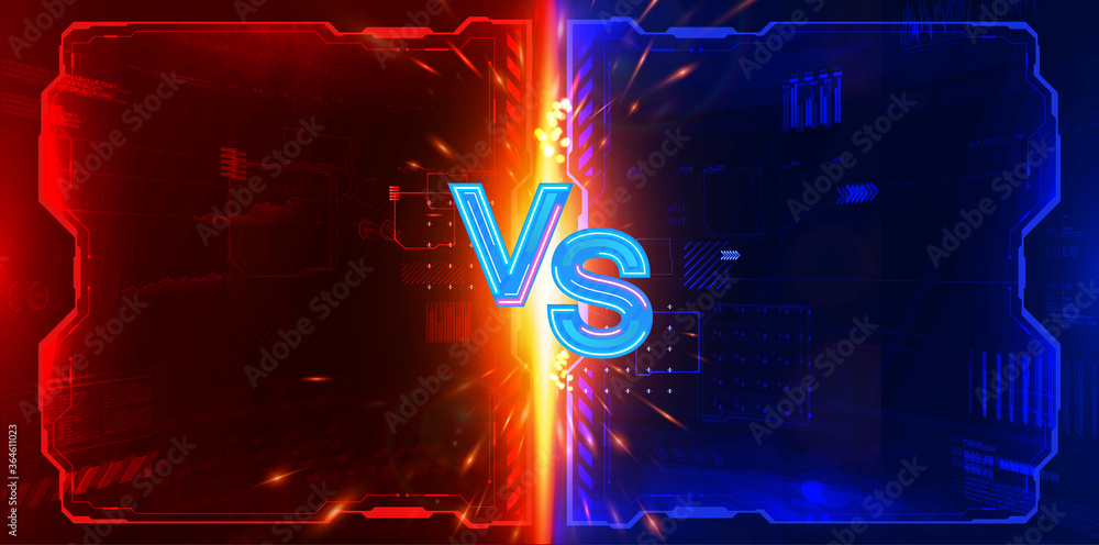 Futuristic Versus poster design for game battle, cyber sport, mma, gaming championship, online tournament. VS GUI letters with neon and glow effect on futuristic red-blue background. HUD Versus Battle