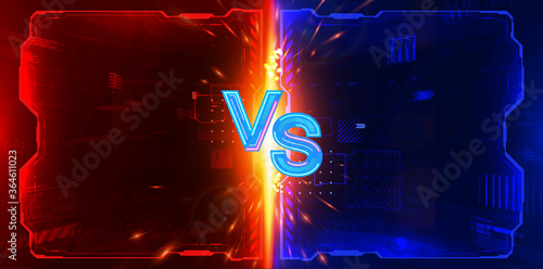 Futuristic Versus poster design for game battle, cyber sport, mma, gaming championship, online tournament. VS GUI letters with neon and glow effect on futuristic red-blue background. HUD Versus Battle