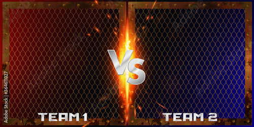Team Versus Battle banner with collision of metal grids with sparks and inscriptions VS, team 1, team 2. Fight versus battle, MMA, Boxing, games. 3D metal letters VS on a red-blue background. Vector