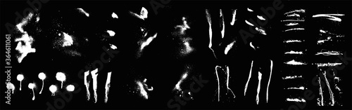 Big Set Graffiti Spray Elements. Vector isolated grunge stencil template on black background. Street graffiti mockups. Spray paint with smudges and drops. Vector collection