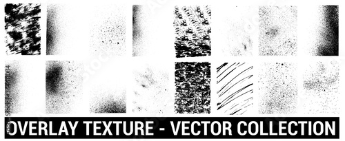 Overlays grunge template. Different texture mockups with splay effect and drop ink splashes. Dirty grainy stamp and scratches and damage marks. Urban grunge overlay. Vector set