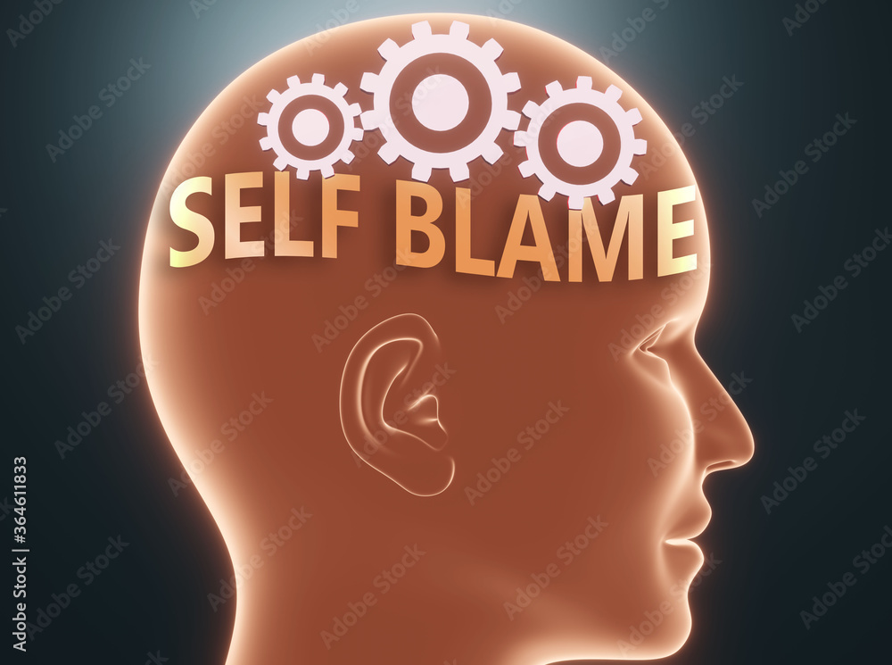 Self blame inside human mind - pictured as word Self blame inside a head with cogwheels to symbolize that Self blame is what people may think about and that it affects their behavior, 3d illustration