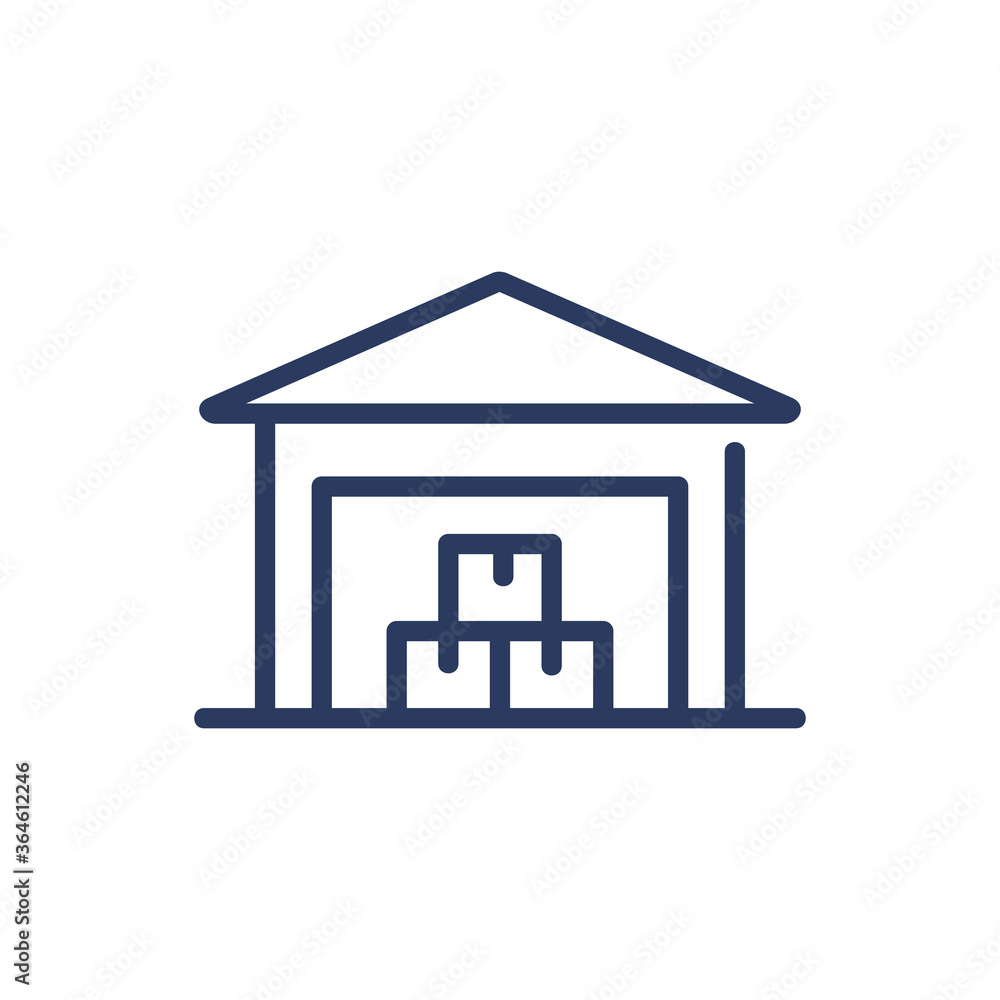 Warehouse with boxes thin line icon. Parcel, cardboard, building isolated outline sign. Merchandising and storage concept. Vector illustration symbol element for web design and apps Warehouse with boxes thin line icon. Parcel, cardboard, building isolated outline sign. Merchandising and storage concept. Vector illustration symbol element for web design and apps