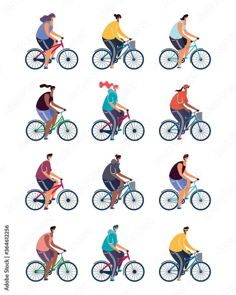 young people riding bicycle wearing medical masks young people riding bicycle wearing medical masks
