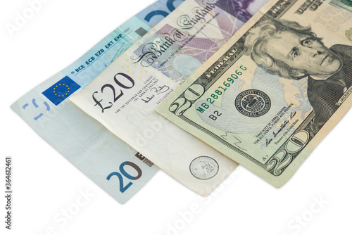 banknotes, pound sterling, dollar and euro, closeup