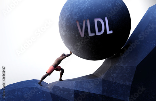 Vldl as a problem that makes life harder - symbolized by a person pushing weight with word Vldl to show that Vldl can be a burden that is hard to carry, 3d illustration photo