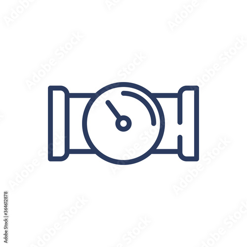 Meter on water tube thin line icon. Arrow, supply, liquid isolated outline sign. Plumbing and equipment concept. Vector illustration symbol element for web design and apps