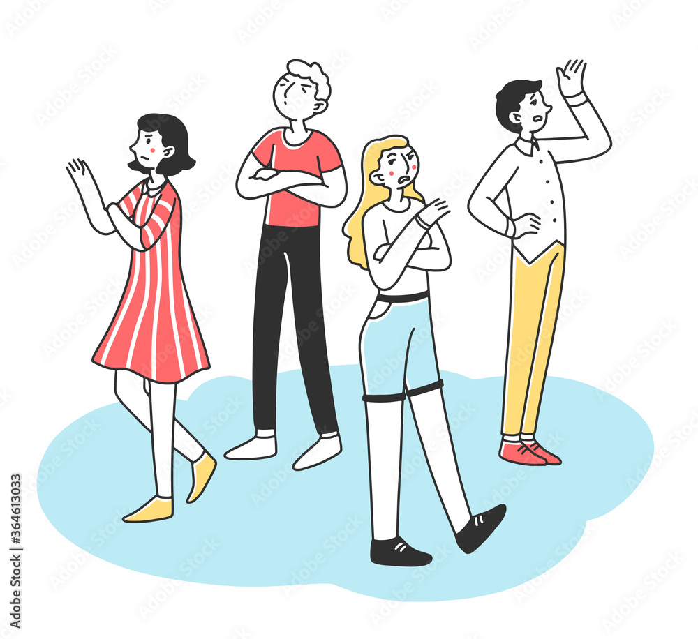 Selfish young people with arrogant and angry behavior flat illustration. Characters standing lonely in pride. Society and communication problem concept. Selfish young people with arrogant and angry behavior flat illustration. Characters standing lonely in pride. Society and communication problem concept.