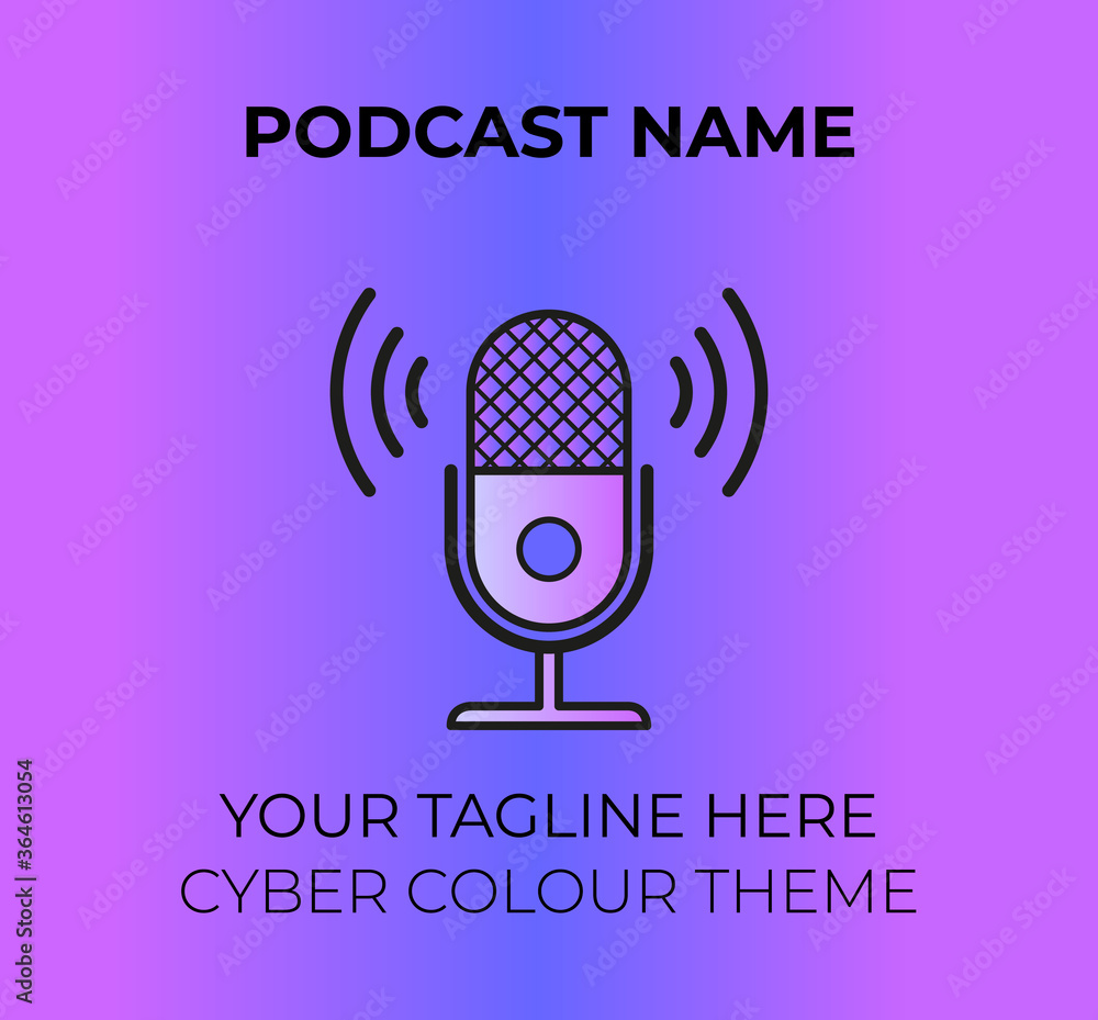 Thumbnail for a podcast, with text spaces for name and tagline. Retro microphone icon, with purple and blue cyber colour theme. Thumbnail for a podcast, with text spaces for name and tagline. Retro microphone icon, with purple and blue cyber colour theme.