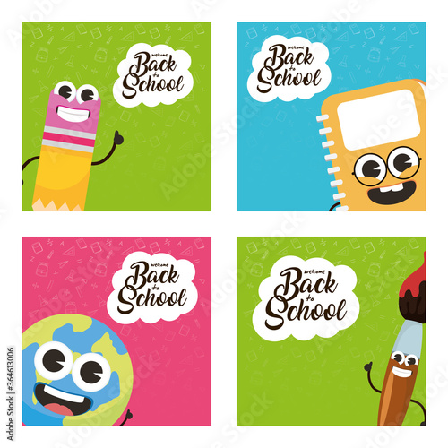 back to school poster with supplies kawai characters
