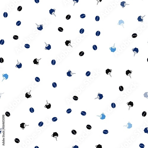 Dark BLUE vector seamless pattern with coffee beans, cups. Glitter abstract backdrop with gradient mugs, coffee grains. Pattern for ad, booklets, leaflets of restaurants.