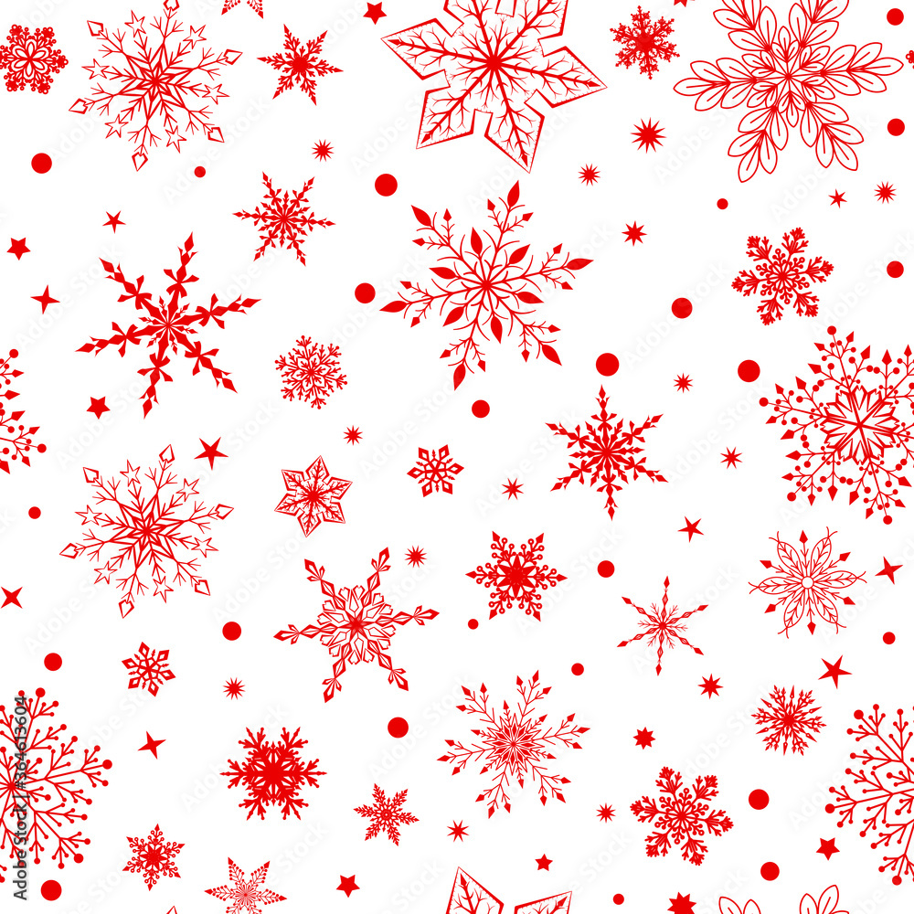Christmas seamless pattern with various complex big and small snowflakes, red on white background - obrazy, fototapety, plakaty 