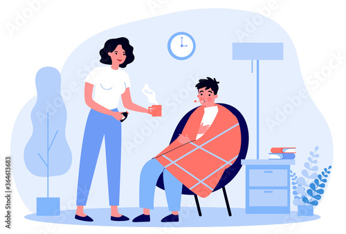 Young beautiful woman giving medicine to sick man in plaid flat illustration. Cartoon person sitting in armchair, having flu and getting cold. Healthcare and sickness concept. photo