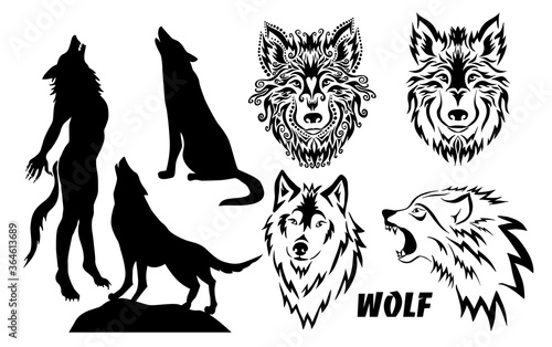 Set of silhouettes of drawings of wolves. T-shirt print. Vector illustration