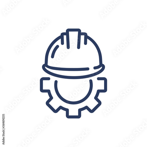 Helmet and gear thin line icon. Security, workwear, constriction isolated outline sign. Work safety and protection concept. Vector illustration symbol element for web design and apps