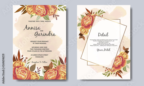 Wedding invitation card template set with autumn  floral leaves Premium Vector