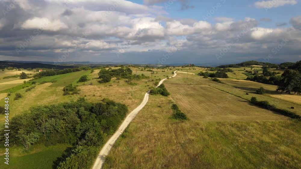 Aerial view drone video agricultural fields and road - rural countryside crops organized in different shape patterns single line asphalt and trees - simplicity freedom sustainable lifestyle concept Aerial view drone video agricultural fields and road - rural countryside crops organized in different shape patterns single line asphalt and trees - simplicity freedom sustainable lifestyle concept