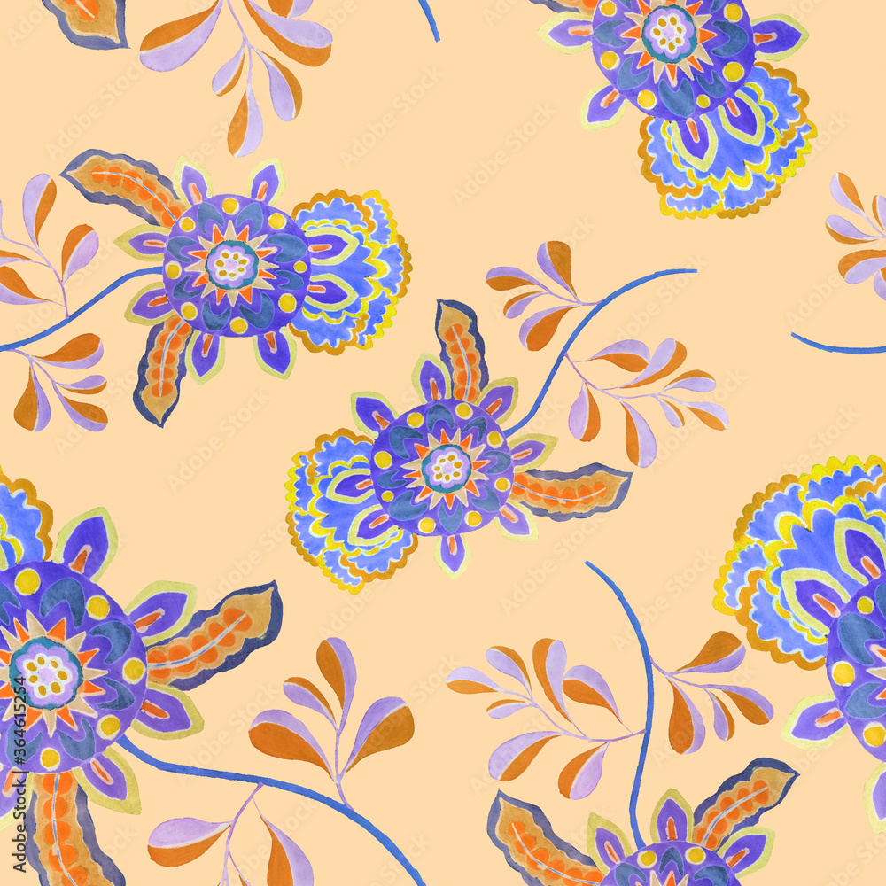 Watercolor seamless pattern with flowers and leaves in ethnic style. Floral decoration. Traditional paisley pattern. Textile design texture.Tribal ethnic vintage seamless pattern.	