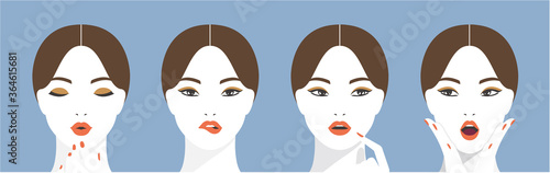 Expression of the woman. various women poses set. Vector image of a set expressing various facial emotions: joy, happiness, bewilderment. Emotion, face, avatar, cosmetic, Beauty concept.
