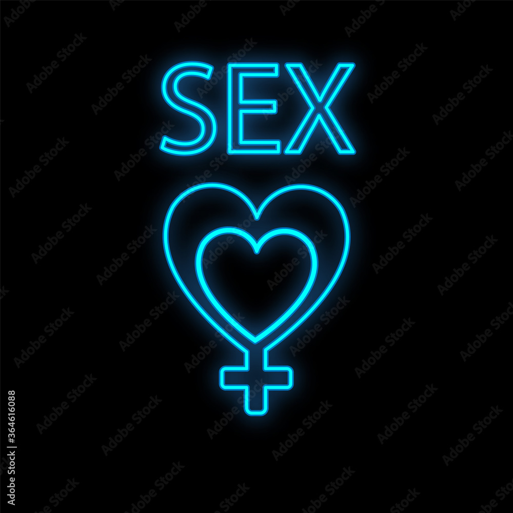 Bright luminous blue festive digital neon sign for a store or card beautiful shiny with love hearts in the form of a female symbol with the inscription sex on a black background. Vector illustration Bright luminous blue festive digital neon sign for a store or card beautiful shiny with love hearts in the form of a female symbol with the inscription sex on a black background. Vector illustration