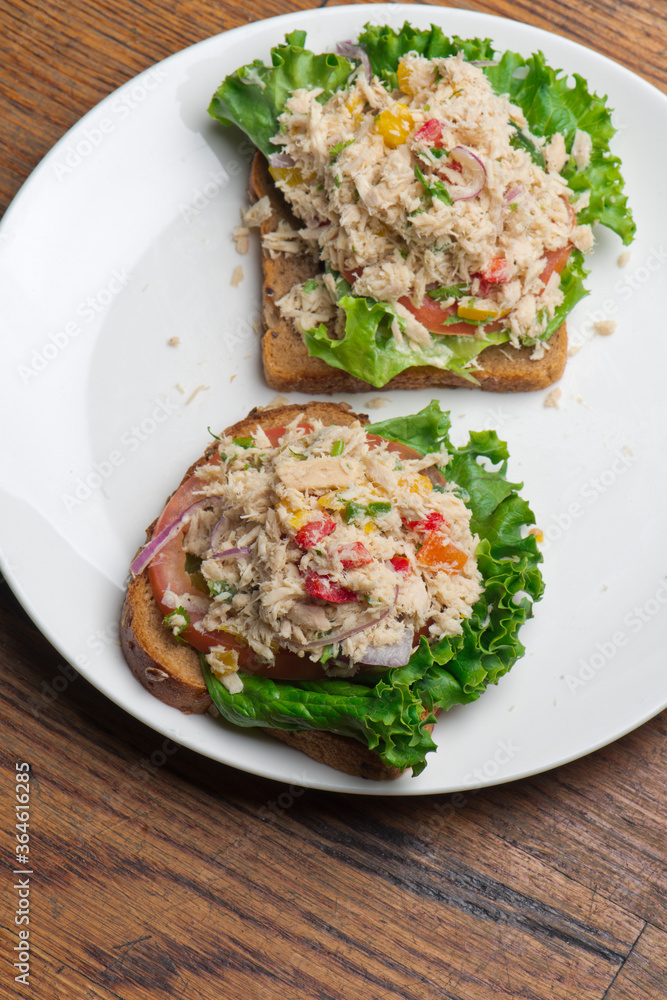 Tuna salad sandwich. Classic traditional American lunch menu item favorite, tuna fish sandwich