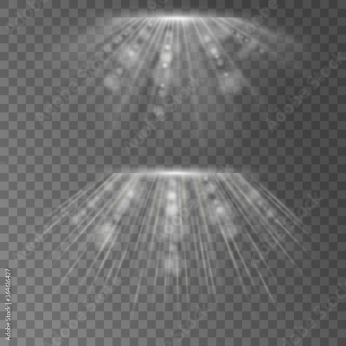White glowing sunbeams. Set of transparent light effects. Isolated  sunshine rays and lens flare