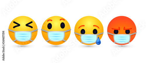 3d vector round Face with Medical Mask cartoon bubble emoticons sad angry laugh social media chat comment reactions, icon template emoji character Whatsapp Facebook Instagram message