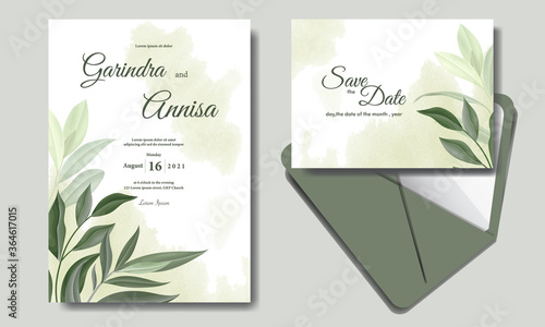  Elegant wedding invitation card with    leaves template Premium Vector
