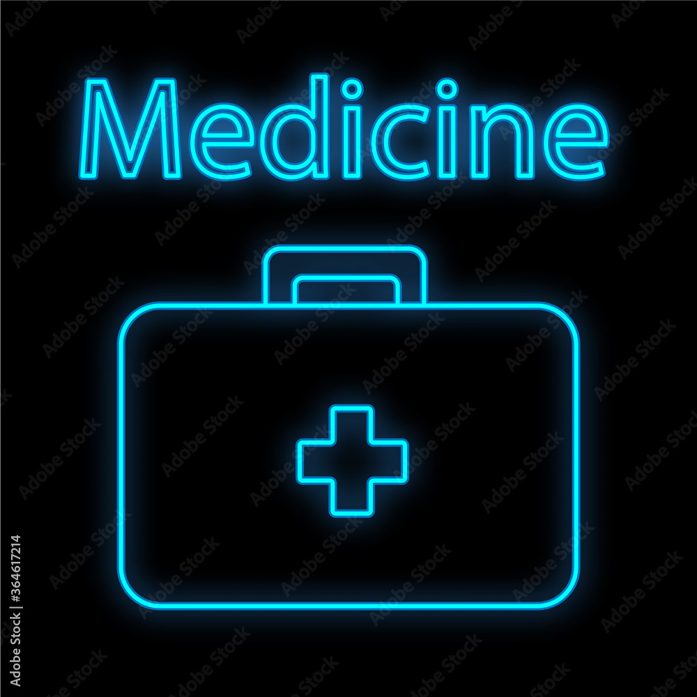 Fototapeta premium Bright luminous blue medical digital neon sign for a pharmacy or hospital store beautiful shiny with a first aid kit and the inscription medicine on a black background. Vector illustration