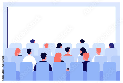 Rows of people sitting on seats in cinema hall at big white screen. Men and women watching movie in cinema theatre. Vector illustration for premiere night, audience, auditorium concept