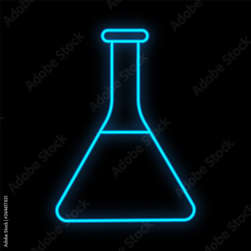 Bright luminous blue medical scientific digital neon sign for a pharmacy store or hospital laboratory. A beautiful shiny flask or test tube on a black background. Vector illustration