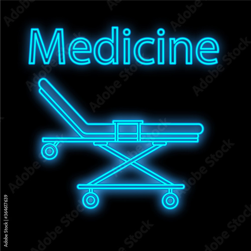 Bright luminous blue medical digital neon sign for a pharmacy or hospital store beautiful shiny with a gurney and hospital bed with the inscription medicine on a black background. Vector illustration