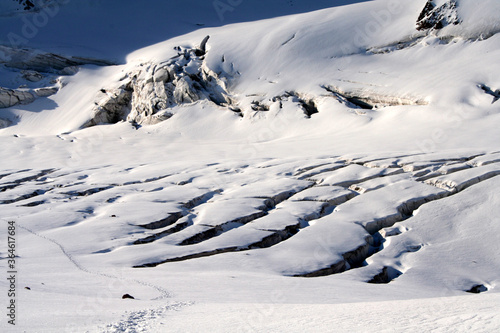 Glacier cracks at Mount Kazbek in Georgia. Mount Kazbek is highest mountain in Georgia.
