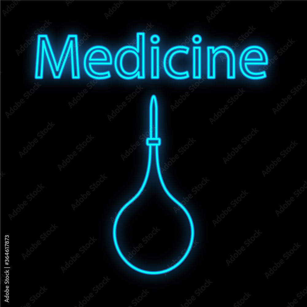 Bright luminous blue medical digital neon sign for a pharmacy or hospital store beautiful shiny with an enema and the inscription medicine on a black background. Vector illustration