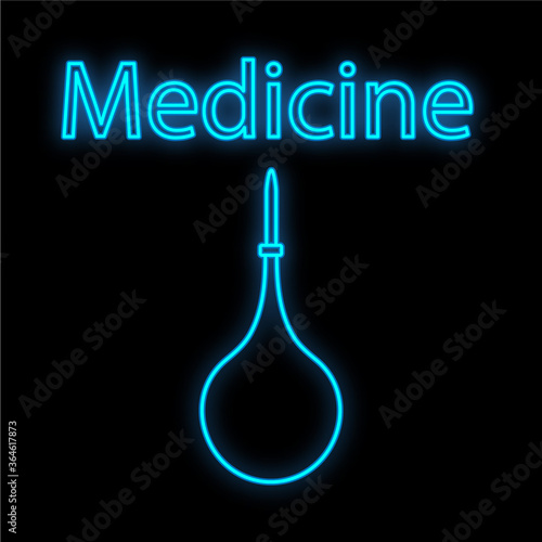 Bright luminous blue medical digital neon sign for a pharmacy or hospital store beautiful shiny with an enema and the inscription medicine on a black background. Vector illustration