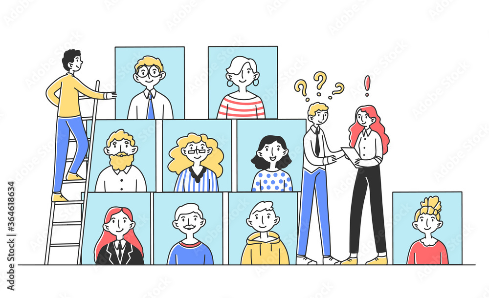 HR managers looking for talented people for job flat illustration. Client asking company employee questions. Communication, interview and business concept HR managers looking for talented people for job flat illustration. Client asking company employee questions. Communication, interview and business concept