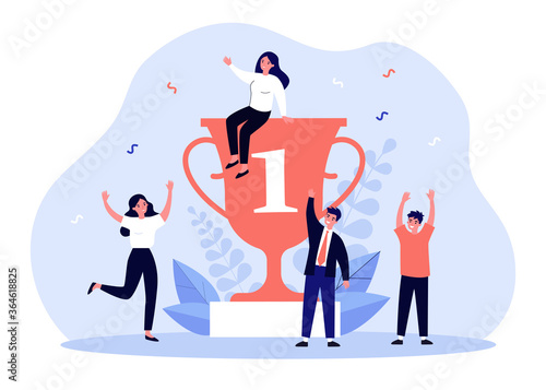 Team of happy winners celebrating around award trophy. Group of people winning champion cup. Vector illustration for corporate success, successful teamwork, victory concept