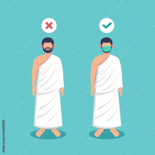 New normal hajj Islamic pilgrimage guide during pandemic covid-19. Flat style vector illustration of muslim characters wearing face mask during pilgrimage to prevent virus spread.