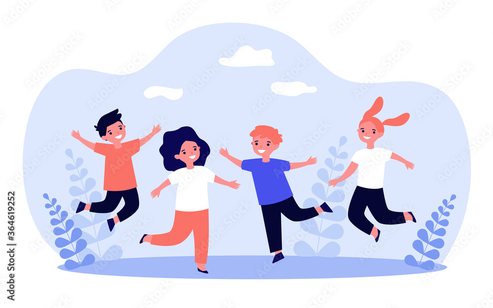 Fototapeta premium Happy children playing together. Cheerful boys and girls jumping outdoors, having fun and laughing with nature in background. Vector illustration for childhood, active kids, joy concept